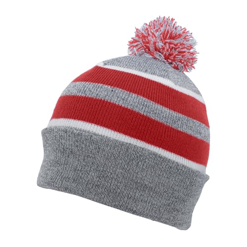 Pacific Headwear Unisex Adult Pacific Headwear Knit Fold Over Pom-pom Beanie - color: Heather/Red/White, size: One Size