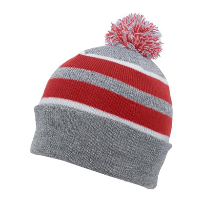 Pacific Headwear Unisex Adult Pacific Headwear Knit Fold Over Pom-pom Beanie - color: Heather/Red/White, size: One Size