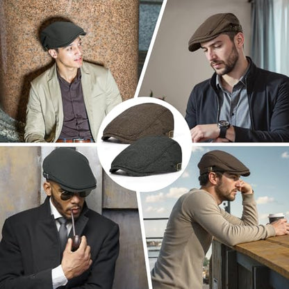 Senker Fashion 2 Pack Newsboy Cap for Men, Wool Blend Tweed Flat Cap - color: Black Light Brown