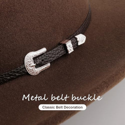 AQOKKA Western Cowboy Hats for Women Classic Felt Wide Brim Fedora Hat with Belt Buckle Retro Panama Hat Unisex Rolled up Cap - color: 1 Pc Fedora Hat A: Coffee