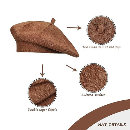 Gllutt Beret Hat French Style Stretchy Knitting Solid Color Both Side Usable - color: Terracotta