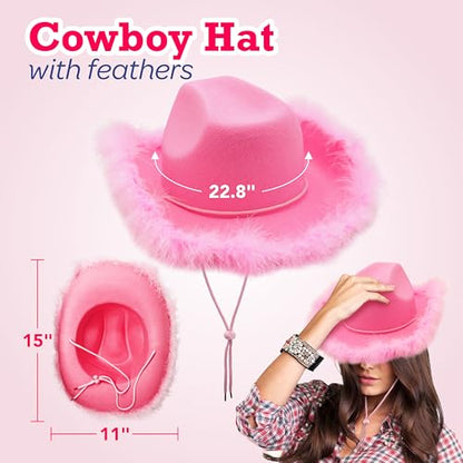 4E's Novelty Cowboy Hat with feathers With Heart Shaped Sunglasses for Women, Felt Cowgirl Hat for Party Costume Dress Up - color: Pink