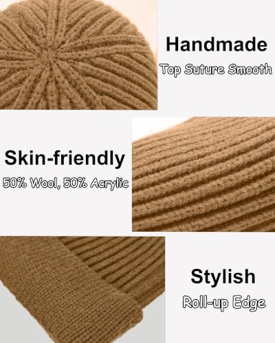 vidsel Thin Wool Fisherman Beanie for Men Short Knit Cuff Trawler Watch Hat - color: 1pcs-light Coffee