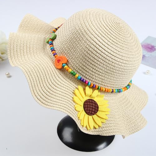 Girls Straw Hat with Flower Round Sunglasses, Summer Foldable Large Brim Sunflower Bowknot Beach Toddler Straw Sun Hat, 2-6T - color: Beige