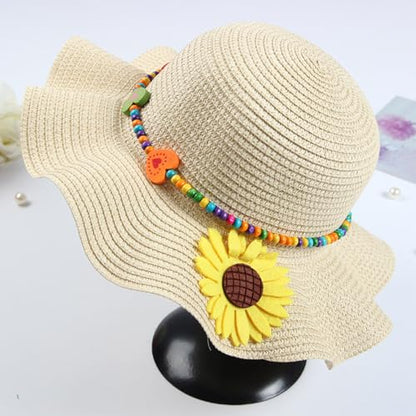 Girls Straw Hat with Flower Round Sunglasses, Summer Foldable Large Brim Sunflower Bowknot Beach Toddler Straw Sun Hat, 2-6T - color: Beige