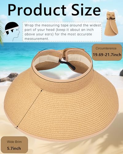 Beach Straw Sun Hat for Women, Wide Brim UV Protection Visors Hat with Ponytail Opening, Foldable Summer Travel Hat - color: Khaki - Initial E