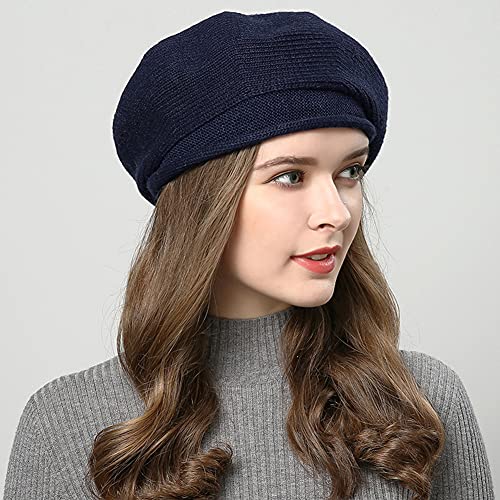 French Style Beret Hat for Women Winter Fall Knit Artist Hats Classic Solid Color Beanie Hat - color: Navy