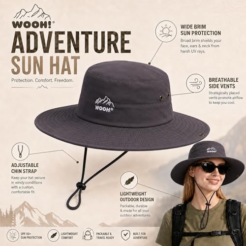 WOOH Sun Hats for Women,UPF80+ Wide Brim Foldable Bucket Hat with Adjustable Chin Strap,Summer Hat for Beach Hiking Gardening - color: Grey
