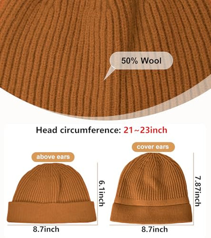 Wool Fisherman Beanie for Men Wome, Thin Knit Winter Hats Skull Cap - color: Yellow Brown