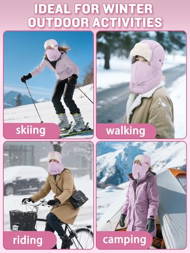 Winter Trapper Hat for Women - Windproof & Waterproof Hat with Removable Mask Goggles Ear Flaps, Purple