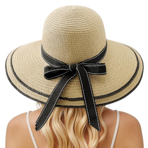 Beach Hats for Women, Wide Brim Sun Straw Hat for Women, Sun Hat UPF 50+ UV Protection - color: Beige Hat