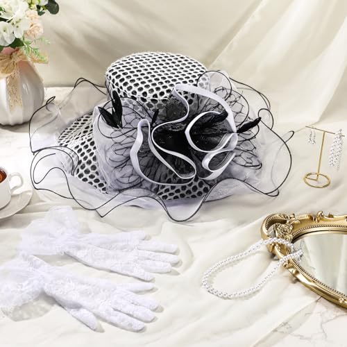 Derby Hat for Women 2026 Wide Brim Organza Sun Church Hat Set Feather Floral Fascinator for Tea Party Wedding Derby - color: White