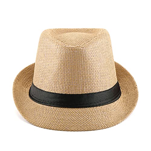 FALETO Unisex Summer Panama Straw Fedora Hat Short Brim Beach Sun Cap Classic - color: #01 Khaki