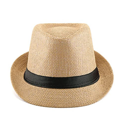 FALETO Unisex Summer Panama Straw Fedora Hat Short Brim Beach Sun Cap Classic - color: #01 Khaki