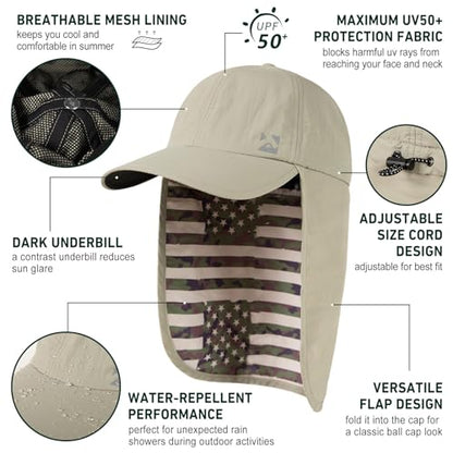 TOP-EX L/XL/XXL UV50+ Waterproof Neck Flap Baseball Sun Cap - color: Beige Flag, size: X-Large