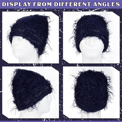 Chuarry Distressed Knitted Beanie Fuzzy Winter Hat - color: Navy