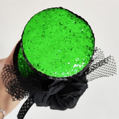 WLBON Halloween Mini Top Hat Headband 1920s Flower Sequins Hair Hoops Bands Fascinator Headpiece Hairband Women Christmas Holiday Festival Parade Cosplay Dress Up Birthday Tea Party Accessories Green - color: Light Green