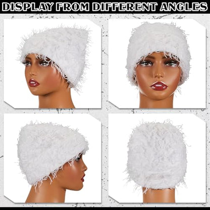 Chuarry Distressed Knitted Beanie Fuzzy Winter Hat - color: Assorted White