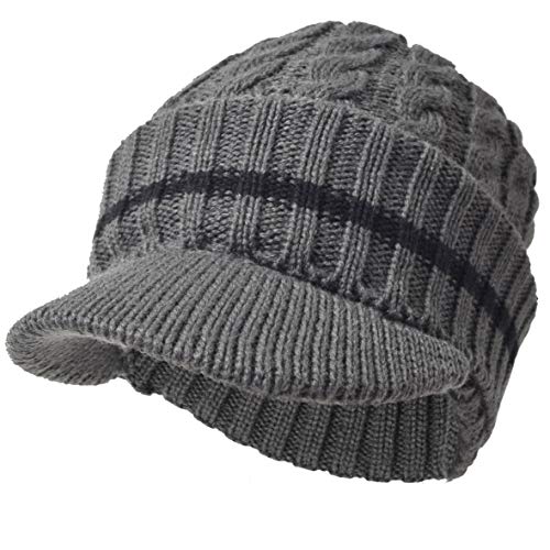 Ruphedy Mens Beanie with Brim Winter Hat Knitted Thick Fleece Visor Beanie - color: B321-grey