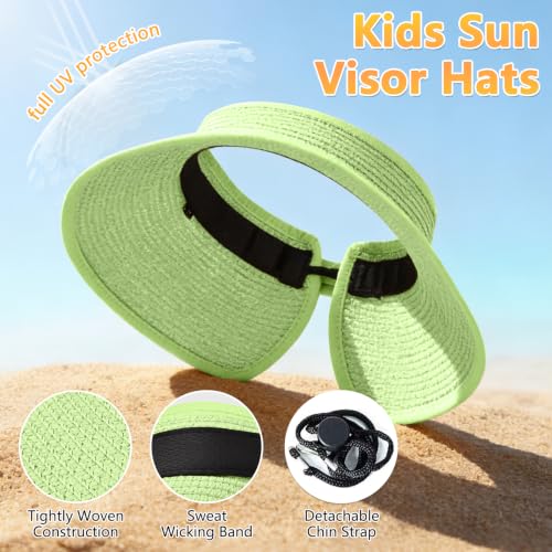 ZOORON Girls Straw Sun Visor Hat, Wide Brim Ponytail Beach Hat with Bow - color: Yellow-green