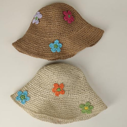 Women Straw Sun Hat Summer Beach Hats Foldable Floppy Cap Wide Brim Bucket Hat Solid Handmade Sun Protection Caps - color: Flora-beige