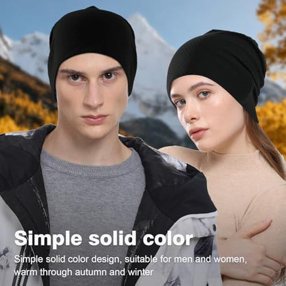 2 Pack Spring Slouchy Beanie for Men Women Lightweight Stacked Skull Cap Chemo Cap Night Sleeping Hat - color: Black+black