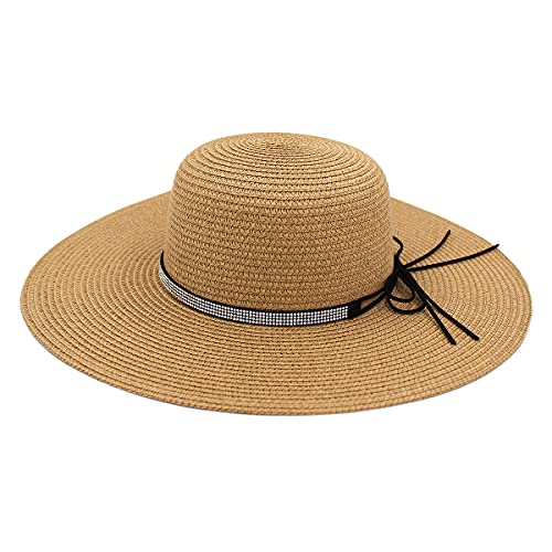 4.5" Wide Brim Foldable UPF50 Rhinestone Trim Floppy Summer Straw Sun Beach Hat - color: Tan