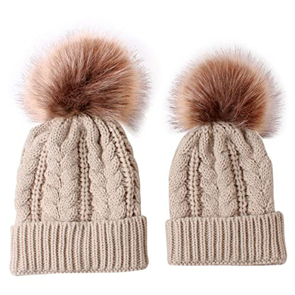 2PCS Parent-Child Knit Hat Family Matching Winter Warmer Hat Mother & Baby Crochet Beanie Ski Cap with Pom - color: Khaki