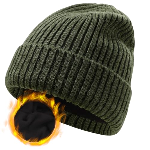 ZTL M/L/XL/XXL Merino Wool Beanie for Men Women, Fleece Lined Large Winter Hat, Big Knitted Cuffed Beanie Ski Skull Cap - color: Army Green, size: X-Large-XX-Large