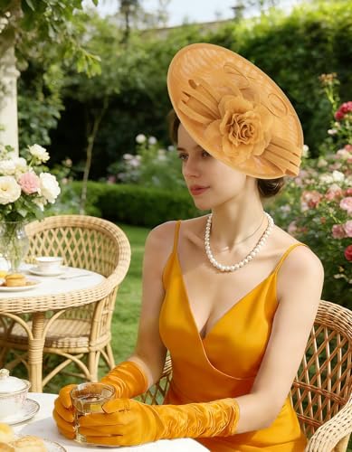 Unpifolov Fascinators Hats Elegant Women Flower Mesh Feathers Wedding Cocktail Bride Headband for Derby Hat Tea Party - color: Ginger