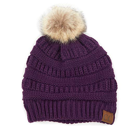 C.C Hatsandscarf Exclusives Unisex Solid Ribbed Beanie with Pom (HAT-43) - color: A Gift Set-dkpurple