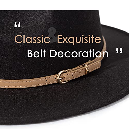 Lisianthus Women Classic Felt Fedora Wide Brim Hat with Belt Buckle - color: Black