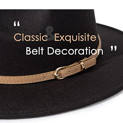 Lisianthus Women Classic Felt Fedora Wide Brim Hat with Belt Buckle - color: Black