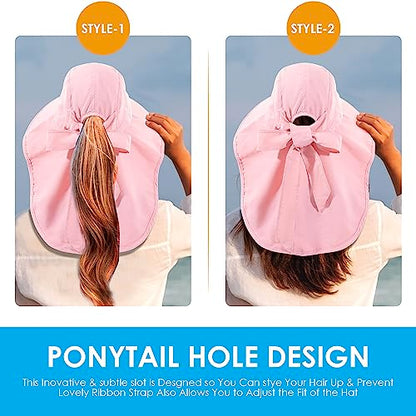 Womens Sun Hat UV Protection, Foldable Waterproof Wide Brim Bucket Hats with Neck Flap for Summer Beach Fishing Hiking - color: Pink