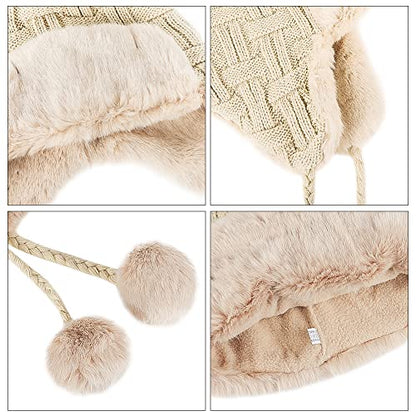 PENINSULA LOVE Women Peruvian Trapper Hat Faux Fur Ushanka Russian Hat Earflap Eskimo Beanie Winter Knitted Cap with Pompom - color: Beige