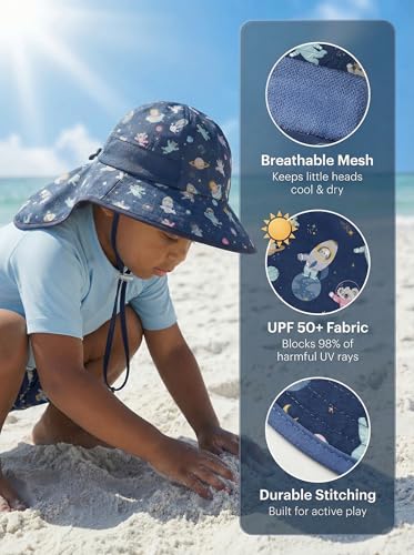 icolor Kids Sun Hat UPF50+ Sun Protection Bucket Hat Toddler Summer Beach Play Hats with Neck Flap for Girl Boy Ages 3~10 - color: Animal Space Adventure