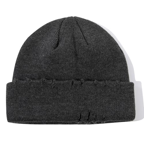 Frayed Knit Hat Winter Beanie for Men Women Hip-hop Slouchy Ripped Knitted Hat Unisex Skull Caps Ski Hat Watch Caps - color: Mg-zzm24pd38-dark Grey