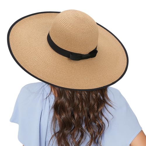 Women Wide Brim Sun Hat UPF50 Straw Summer Hat Floppy Beach Hat Roll-Up - color: Khaki