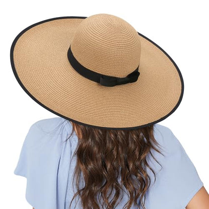 Women Wide Brim Sun Hat UPF50 Straw Summer Hat Floppy Beach Hat Roll-Up - color: Khaki