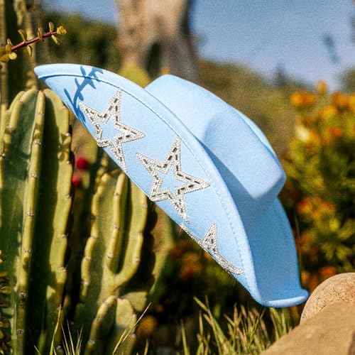 Keilin Rhinestone Cowgirl Hat Disco Cowboy Hat Felt Western Nashville Bachelorette Party Hat for Teens and Adults - color: Blue