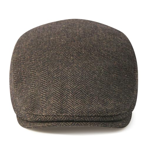 FEINION Men Wool Blend Flat Cap Tweed Newsboy Ivy Hat - color: Herringbone Coffee