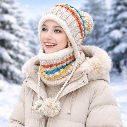 HUAMULAN Women Winter Knit Beanie Hat Circle Scarf Set Pompoms Ear Flaps - color: Beige