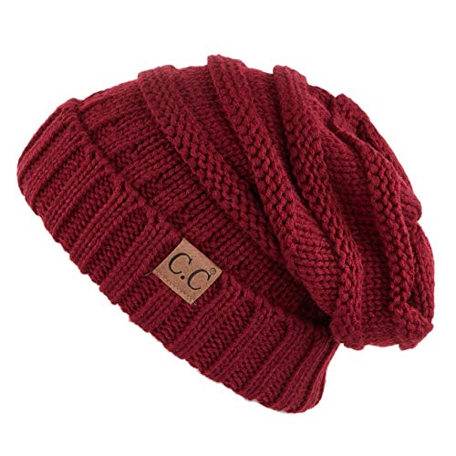 C.C Hat-100 Oversized Baggy Slouch Thick Warm Cap Hat Skully Cable Knit Beanie - color: Burgundy Solid