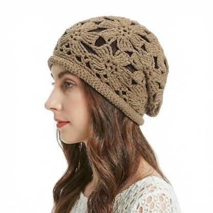 ZLYC Women Cotton Crochet Slouchy Beanie Hat Handmade Knit Summer Skull Cap - color: Crochet Khaki