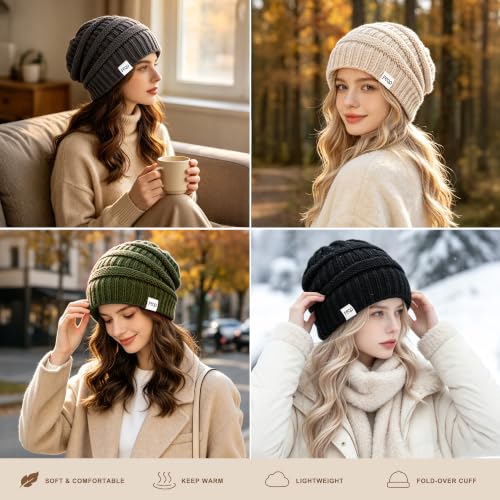 FEQO 4 Pack Satin Lined Beanies Slouchy Beanie Oversized Cable Knit Caps - color: Black, Army, Dark Gray, Beige