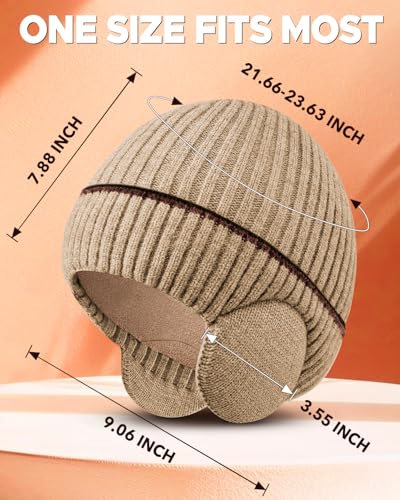 BEACE Winter Fleece Line Beanie Knit Hats with Ear Flaps for Men Women,Warm Thermal Stocking Caps for Outdoor Cold Weather - color: Beige