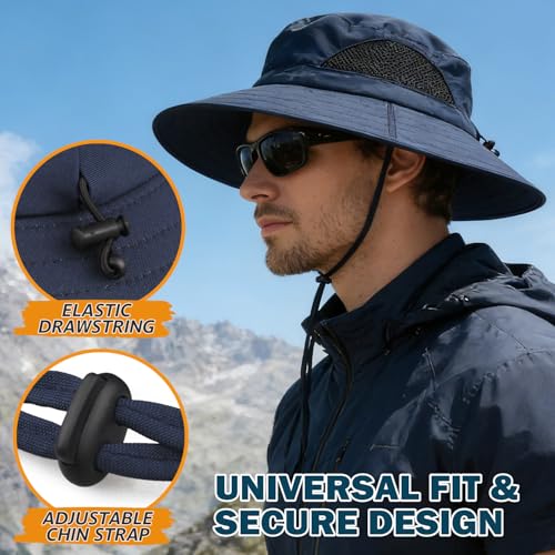 Wide Brim Sun Bucket Hat, Waterproof Boonie Hat for Men & Women - color: 01 Navy Blue