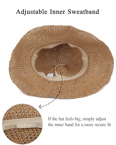 Womens Crochet Straw Sun Hat Foldable Floppy Wide Brim Beach Hat for Summer - color: Khaki