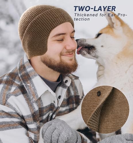HiRui Knit Beanie Hats Winter Hats Ear Covers for Men Women-Warm Daily Headwear - color: Khaki