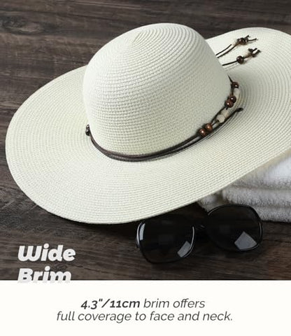 Womens Floppy Straw Sun Hat Wide Brim UPF 50 Sun Protection Packable Summer Beach Hats with Wind Lanyard - color: Ivory, size: Medium